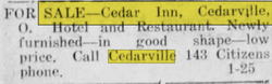 Cedar Inn - Jan 1917 For Sale (newer photo)